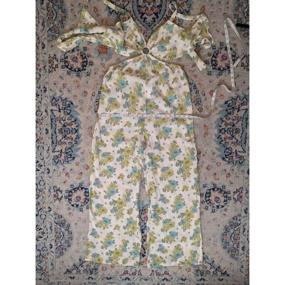 NWT Asos Miss Selfridge Cutout Strappy Wide Leg Jumpsuit - Green Retro Floral 14 - Picture 6 of 11